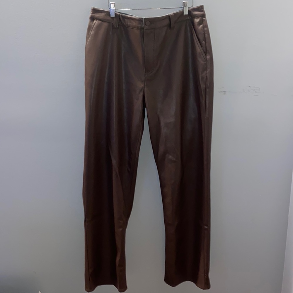 ASOS Design Curve faux leather straight leg pants in brown